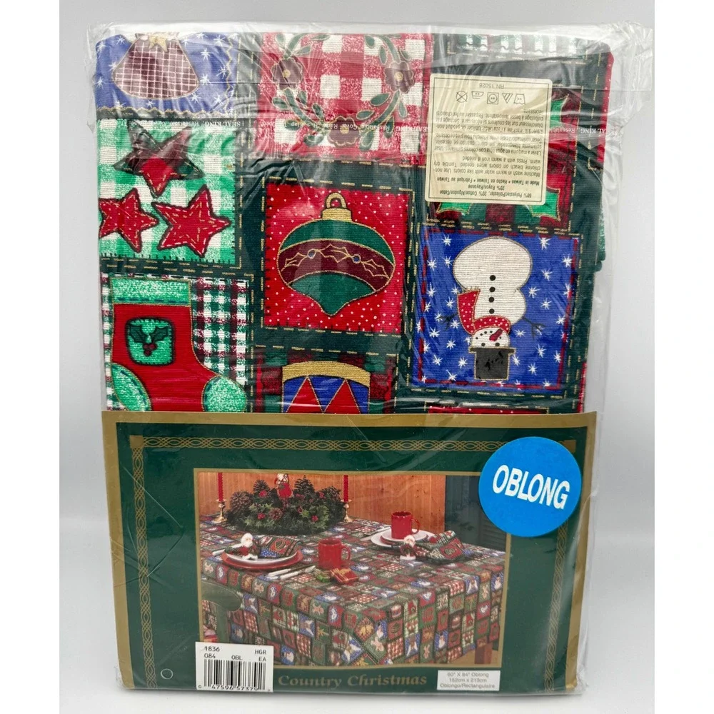 New Vintage Bardwil Country Christmas Patchwork Tablecloth 60x84 Oblong Woven